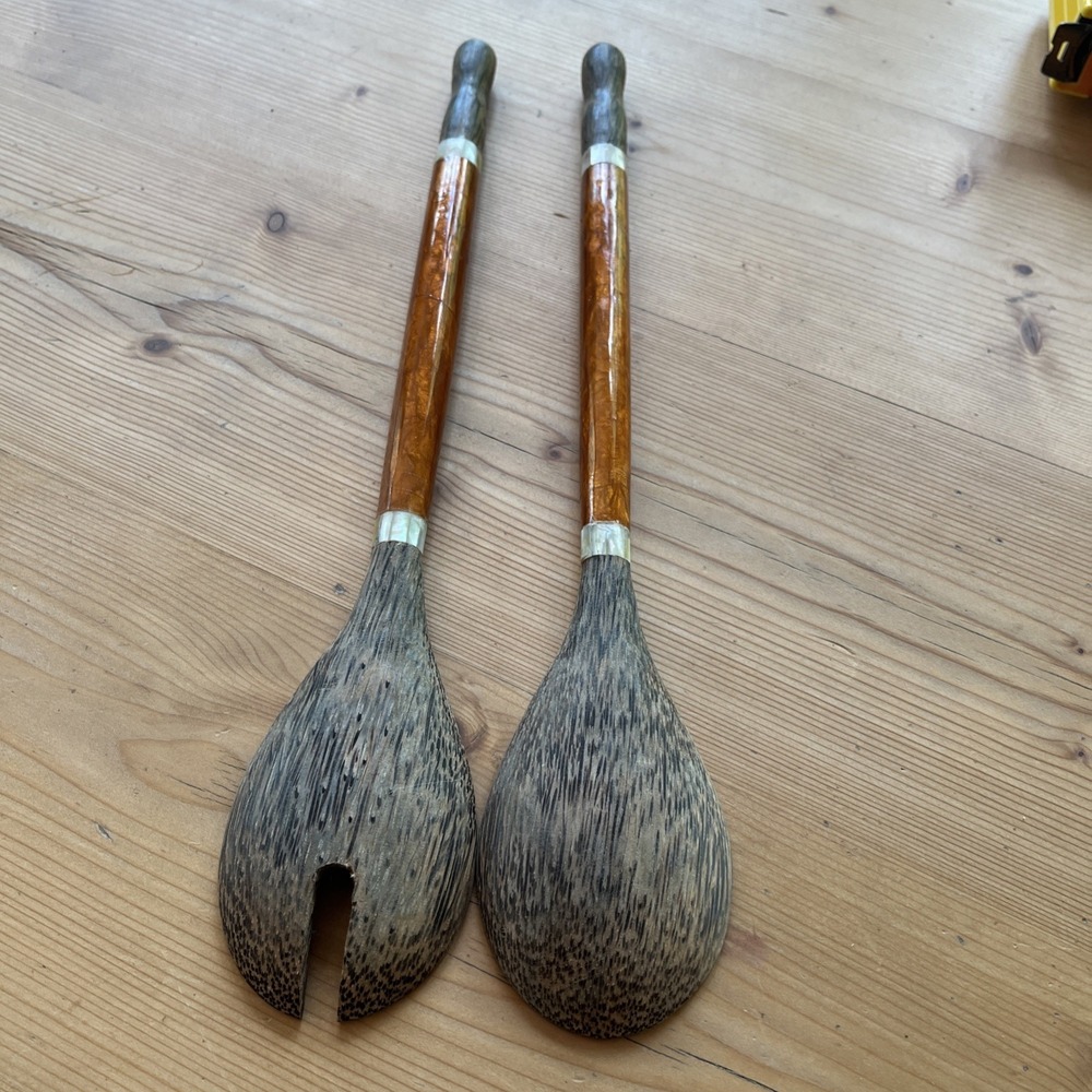 hand-carved wooden salad servers inlaid with mother of pearl handles New - Picture 5 of 6